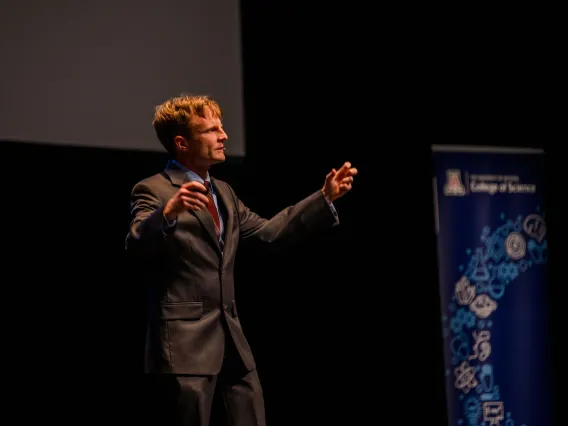 Sam Gralla speaking at the College of Science Lecture Series “Surprise Twists That Transformed Science”