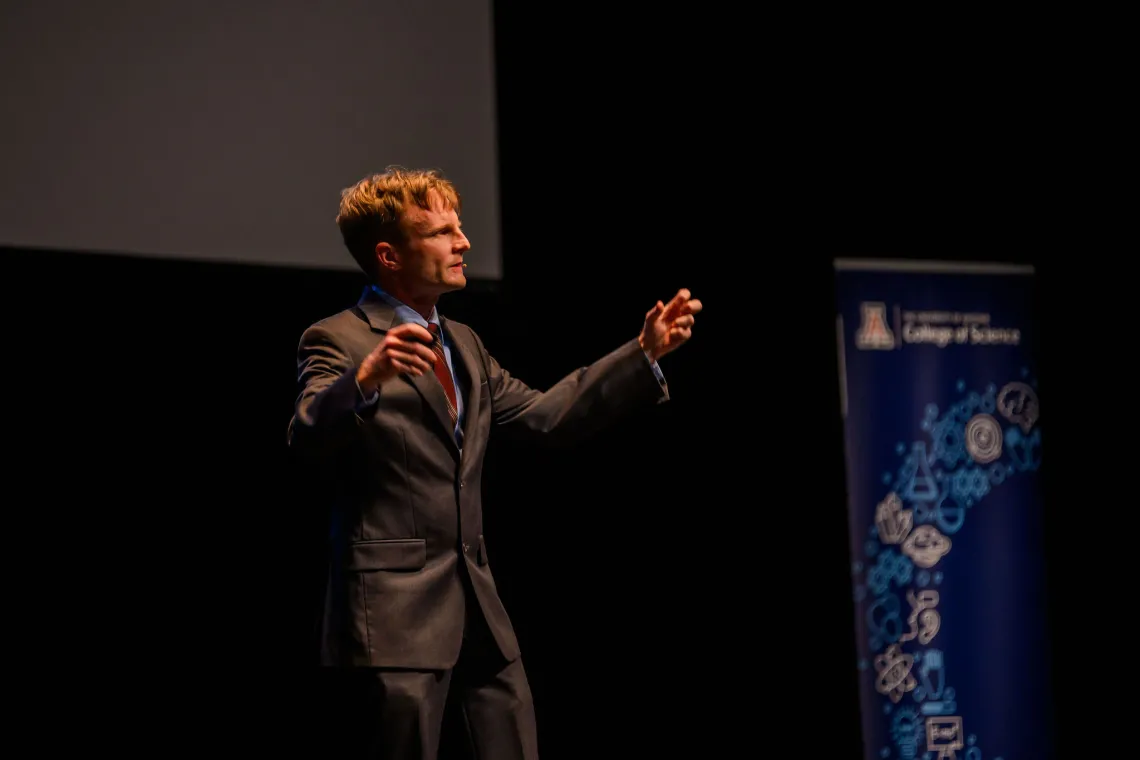 Sam Gralla speaking at the College of Science Lecture Series “Surprise Twists That Transformed Science”